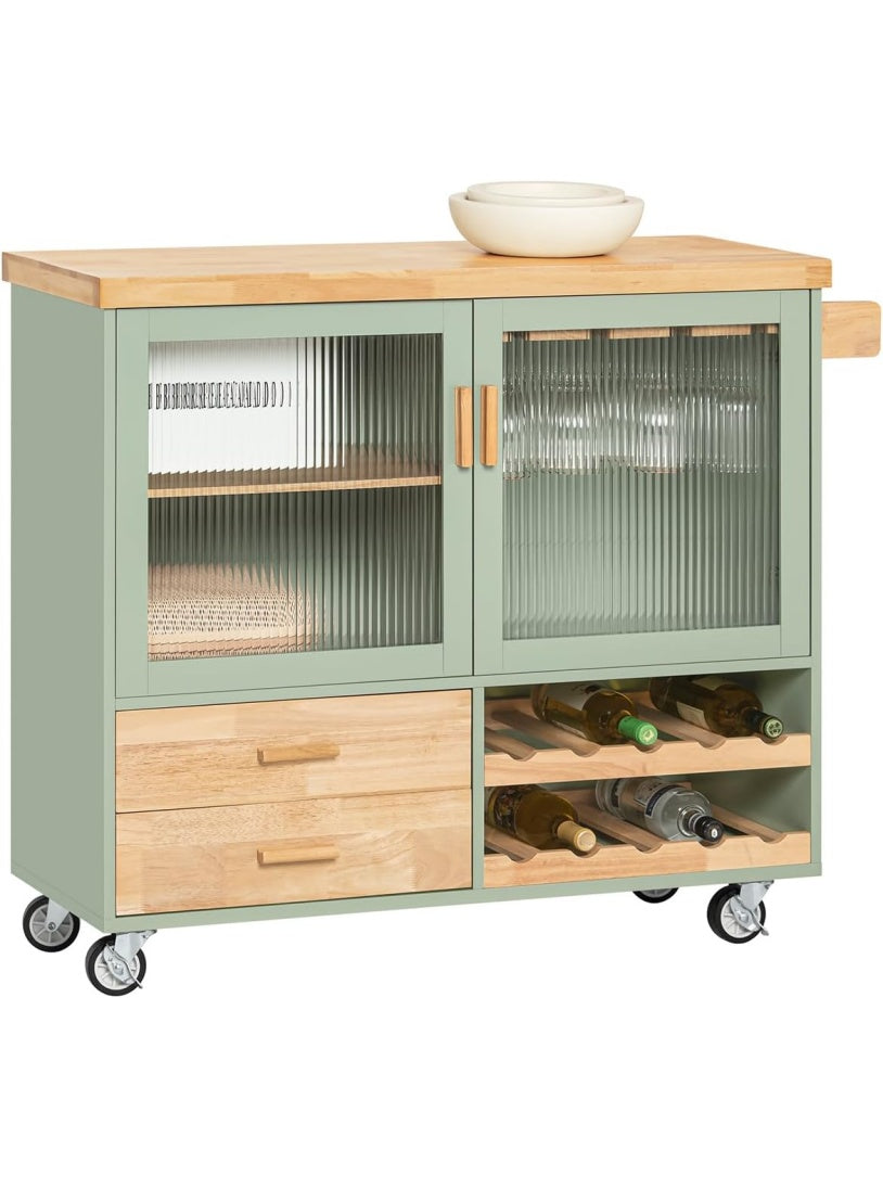 Carrito de Cocina con Encimera de Madera y Ruedas, Isla Auxiliar con Amplio Almacenaje, Mueble para Comedor y Cocina, Verde/Natural, 109 40 92 cm
