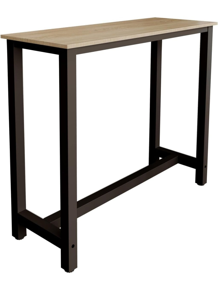 Barra desayunadora de estilo industrial con estructura metalica y tablero negro de melamina