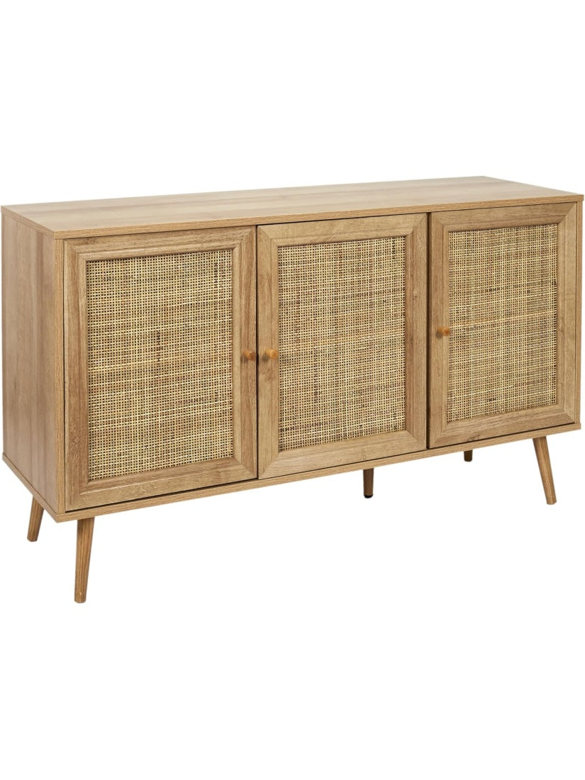 Buffet Moderno de 3 Puertas, Aparador de Madera Estilo Bali para Salon y Comedor, Beige con Detalles Dorados