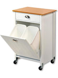 Carro de cocina con sistema de reciclaje integrado y superficie de trabajo, blanco con detalles de bambu