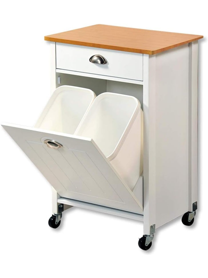 Carro de cocina con sistema de reciclaje integrado y superficie de trabajo, blanco con detalles de bambu