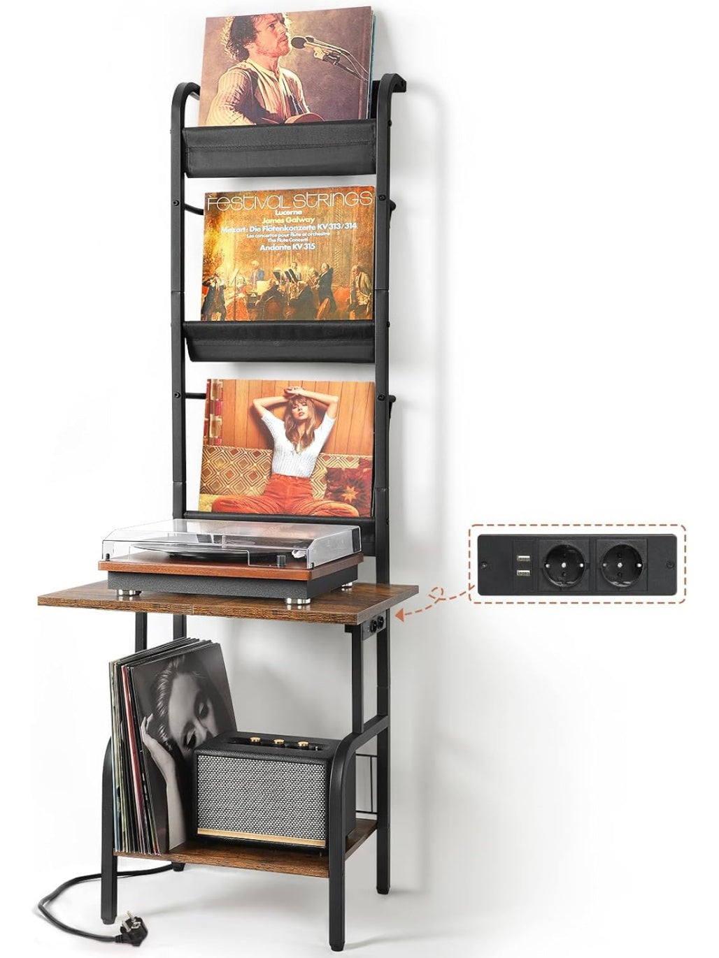Estacion para tocadiscos con enchufes integrados, soporte para hasta 200 discos de vinilo y estanteria de tres niveles