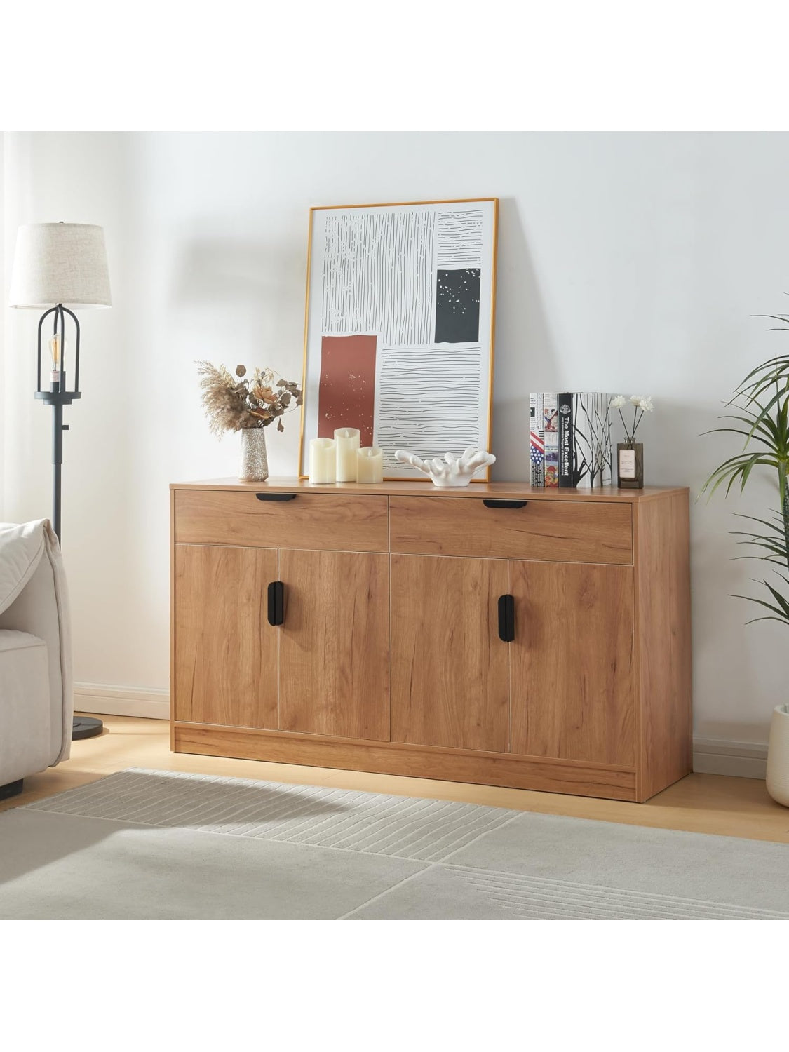 Aparador Multifuncional con 4 Puertas y 2 Cajones, Mueble de Almacenaje para Salon, Cocina, Dormitorio o Recibidor, Roble