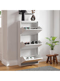 Organizador metalico de pared con tres compartimentos abatibles para seis pares de zapatos