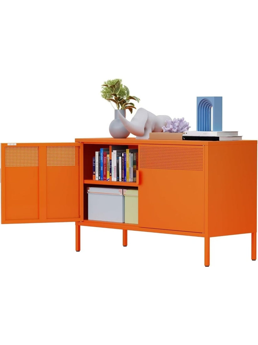 Aparador Metalico con Puertas y Estantes, Armario de Acero para Oficina, Cocina o Comedor, Naranja, 40 x 100 x 64 cm