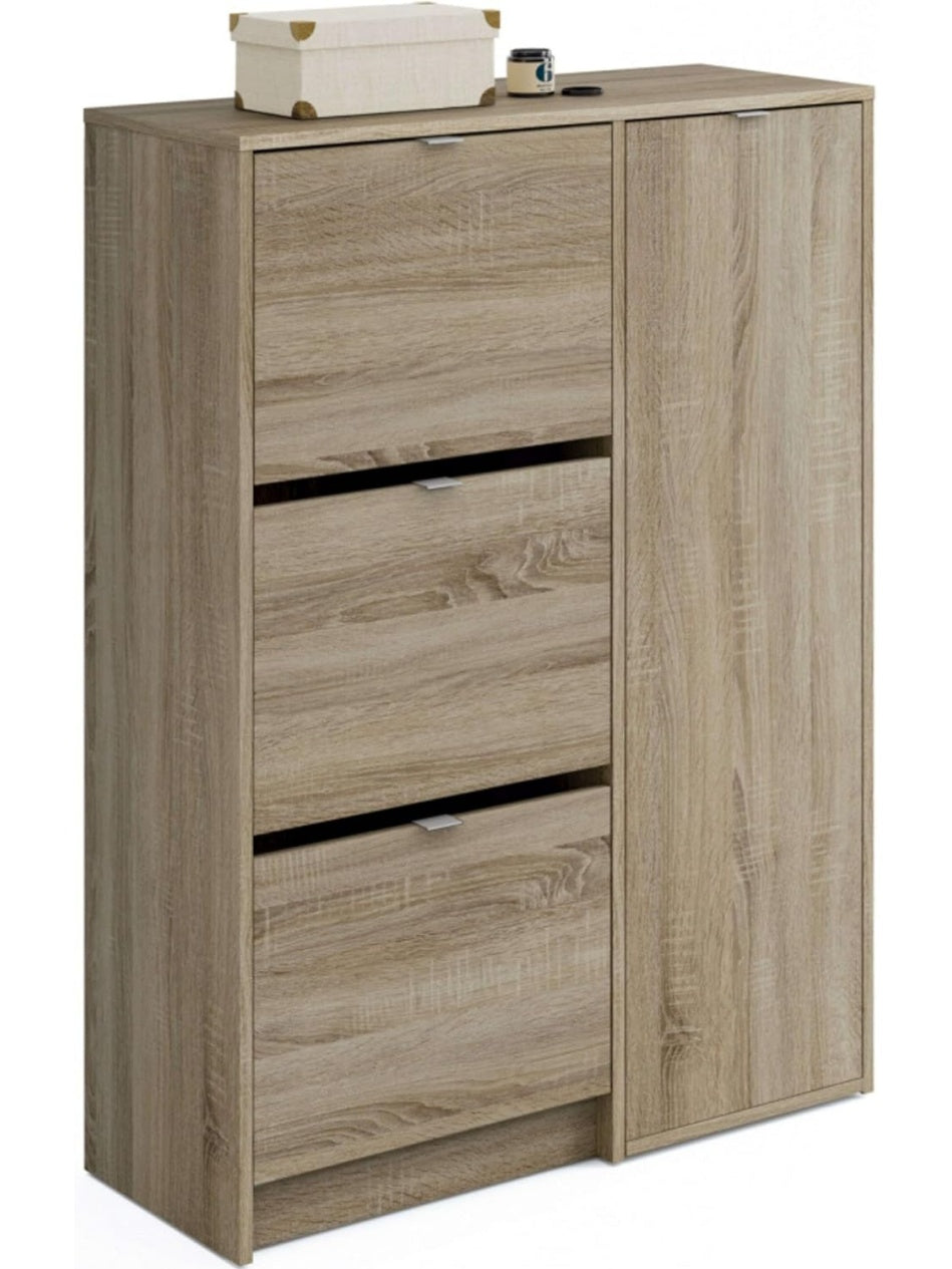Organizador de calzado con tres puertas y estantes regulables, capacidad para veinticinco pares, roble Cambrian