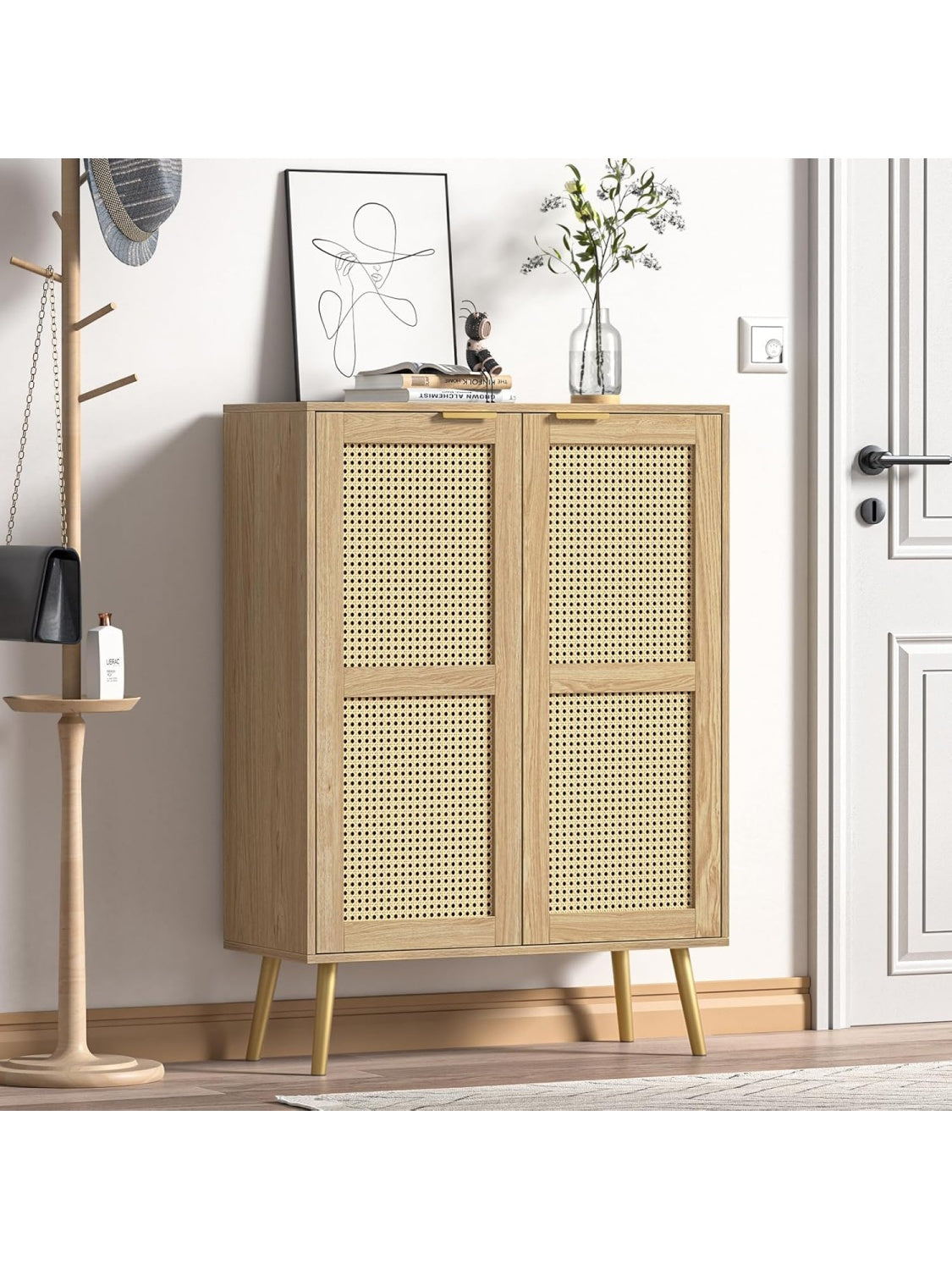 Aparador Buffet de Ratan con 2 Puertas y Estante Regulable, Armario de Almacenaje para Cocina, Comedor o Pasillo, 80 x 34 x 112 cm