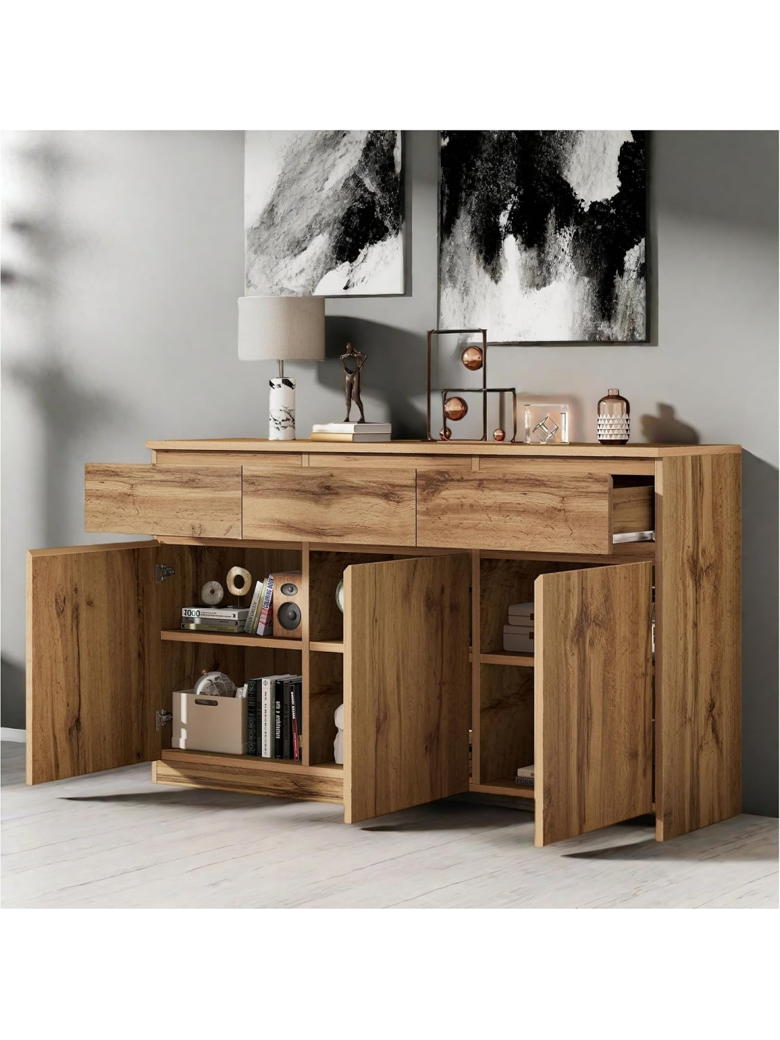 Mueble Aparador de Madera con 3 Cajones y 3 Puertas, Buffet para Cocina, Salon, Recibidor o Comedor