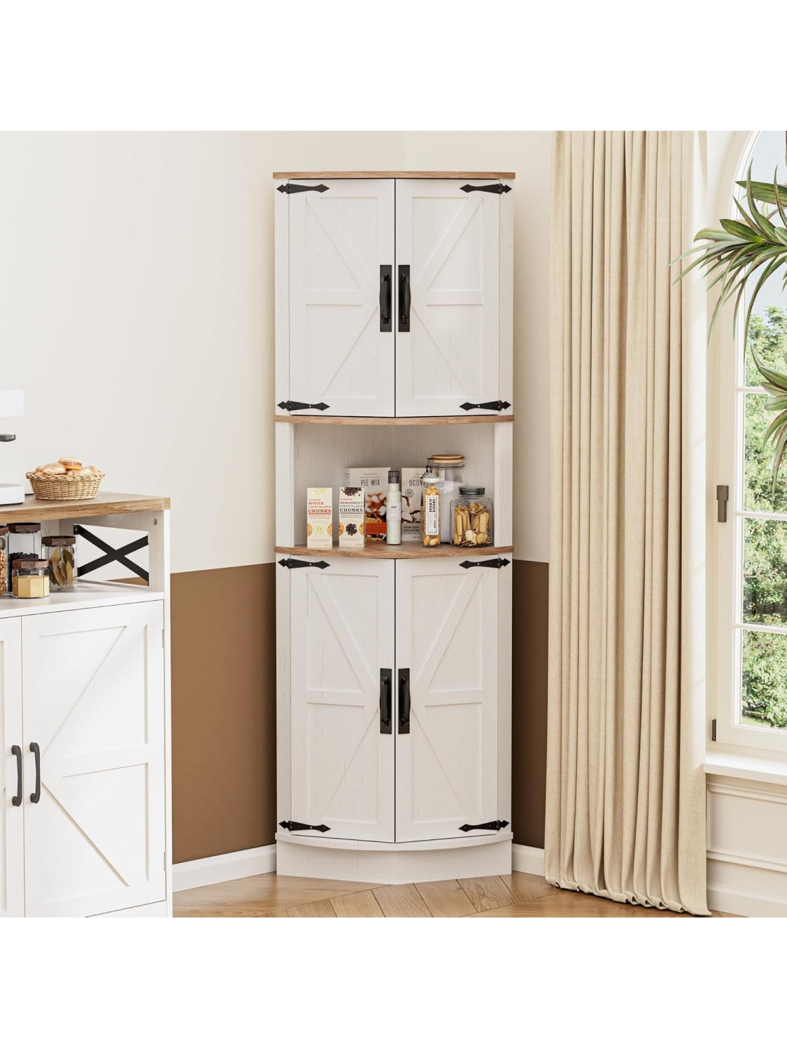Armario Esquinero Multifuncional con Puertas y Balda Ajustable, Ideal para Bano, Cocina o Salon, Blanco