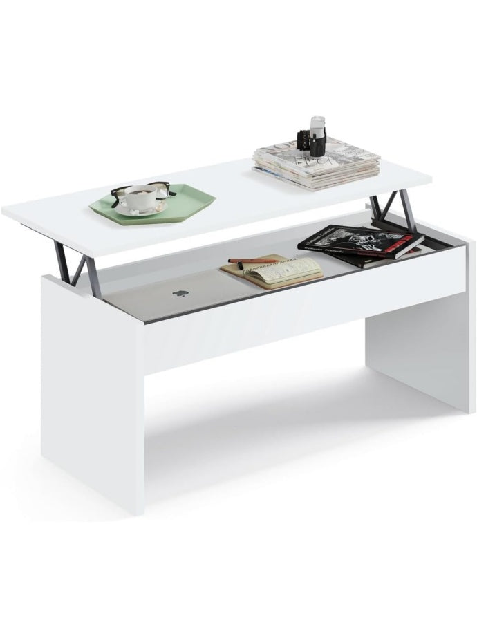 Mesa de Centro Elevable Moderna para Salon, Mesa Auxiliar Blanca, 100 x 50 cm