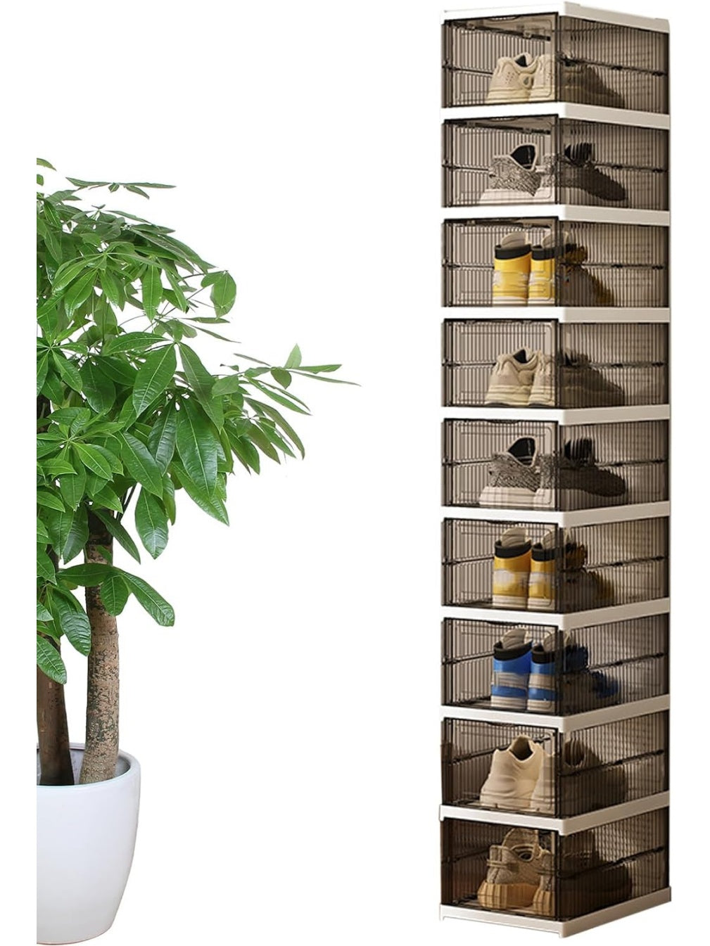 Caja plegable para zapatos con diseno transparente y estructura apilable para organizacion del hogar