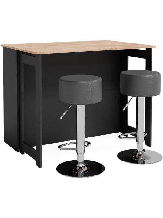 Mesa Alta de Bar con 2 Taburetes, Conjunto Compacto con Tablero Abatible para Espacios Reducidos