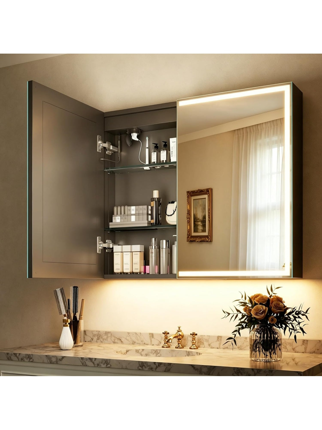 Armario Espejo LED para Bano de Aluminio 60 x 80 cm con Sistema Antivaho Enchufe Integrado Luz Ajustable y Funcion Memoria Negro